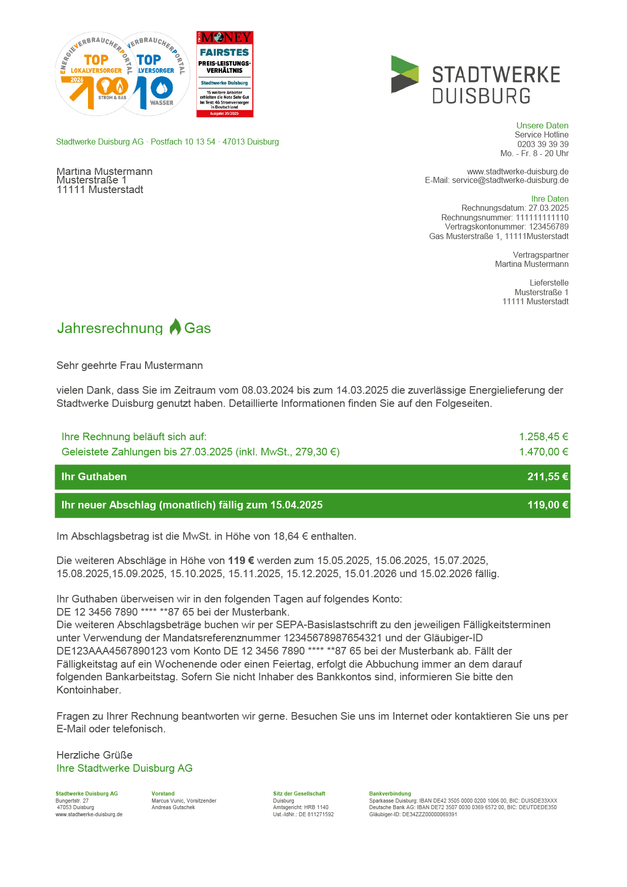 Beispielrechnung einer Erdgasrechnung - Seite 1