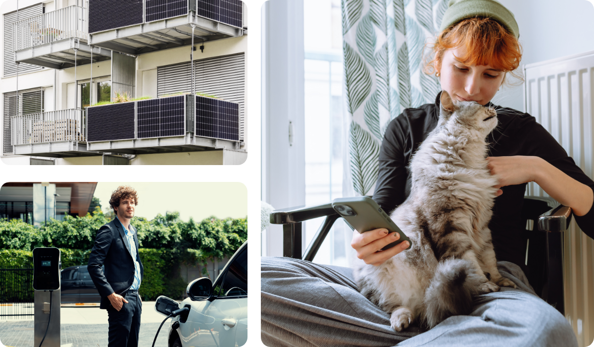 Bildkomposing Balkonkraftwerk, Ladesäule und Wohnen