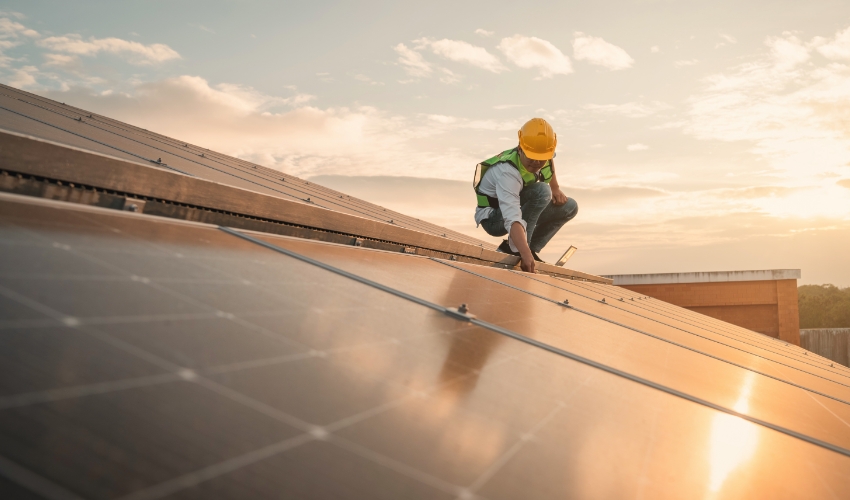 Arbeiter auf Dach mit Solarmodulen