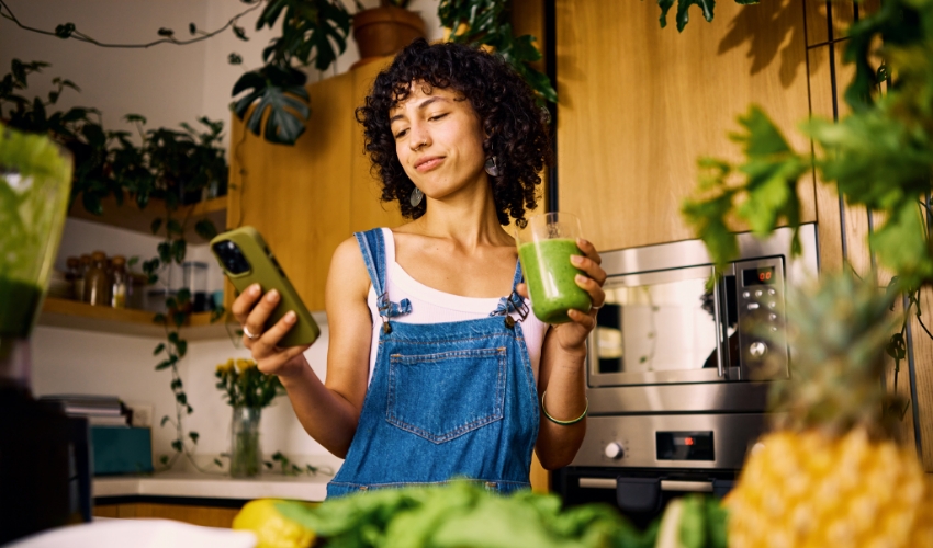Frau trinkt grünen Smoothie